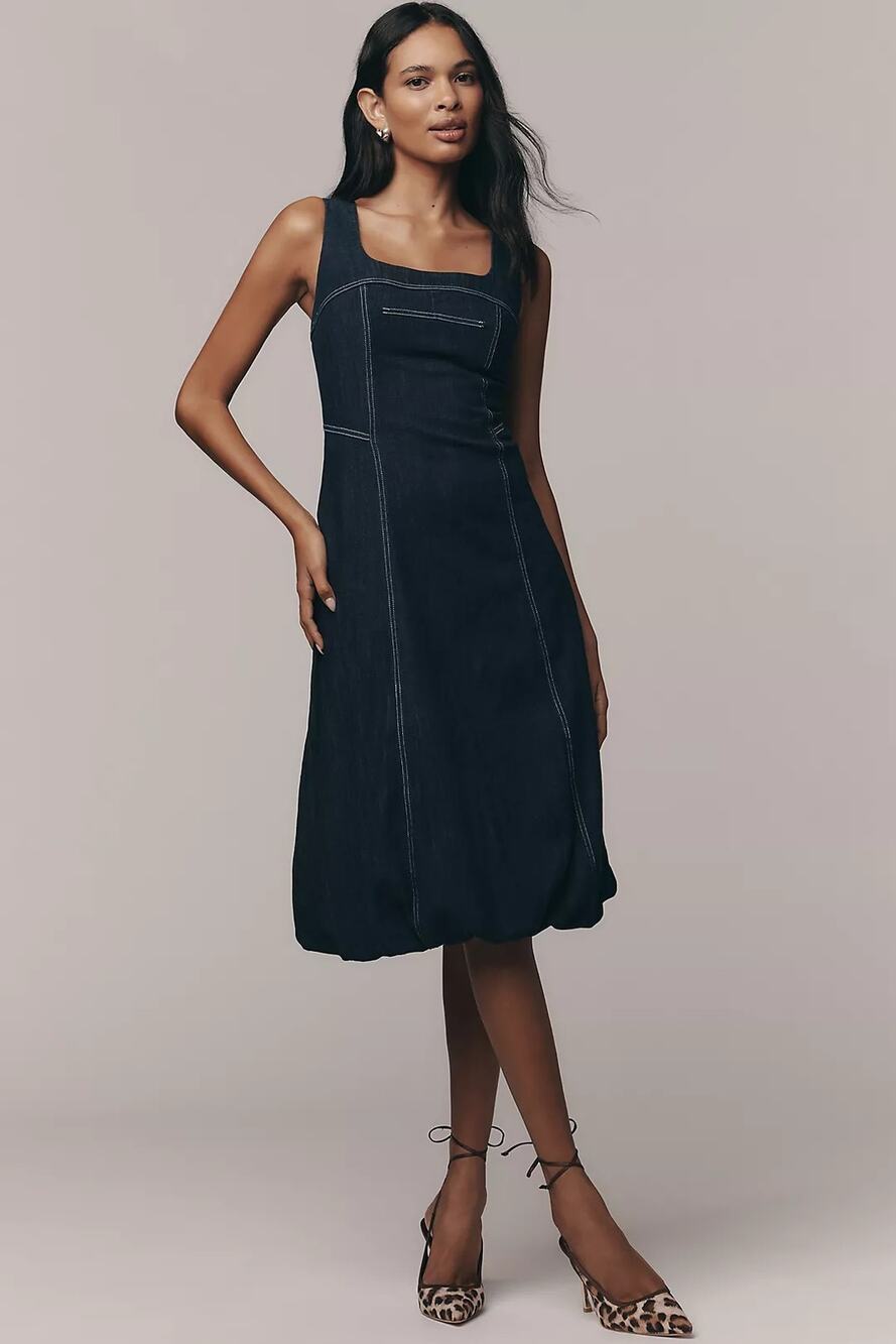 New Anthropologie Pilcro Square-Neck Denim A-Line Midi Dress $178 MEDIUM D Blue
